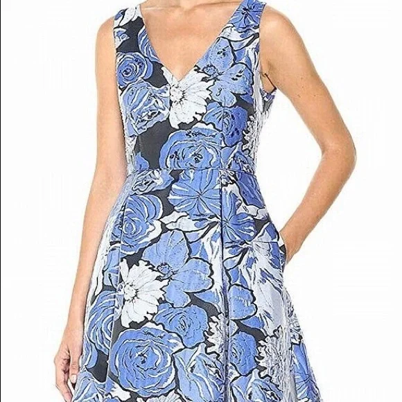 knee length dresses for ladies Adrianna Papell Jewel Neck Flutter Sleeve & Soft Pleats Floral Print Empire  Waist Midi Dress main image 1